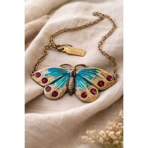 VTG Beautiful Jools Butterfly Necklace Teal Blue Enamel Red Stone Antiqued Brass